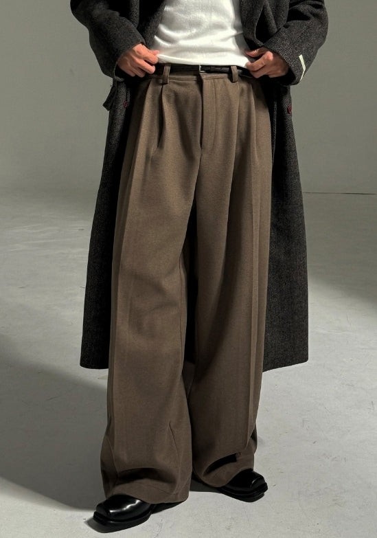 羊毛混紡 打褶 冬季 寬版 落地 西裝褲 / 2色