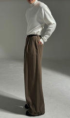 羊毛混紡 打褶 冬季 寬版 落地 西裝褲 / 2色