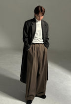 羊毛混紡 打褶 冬季 寬版 落地 西裝褲 / 2色