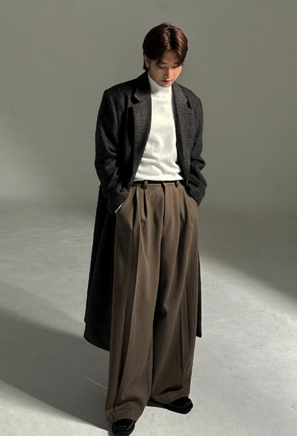 羊毛混紡 打褶 冬季 寬版 落地 西裝褲 / 2色