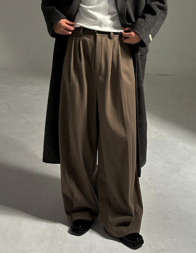 羊毛混紡 打褶 冬季 寬版 落地 西裝褲 / 2色