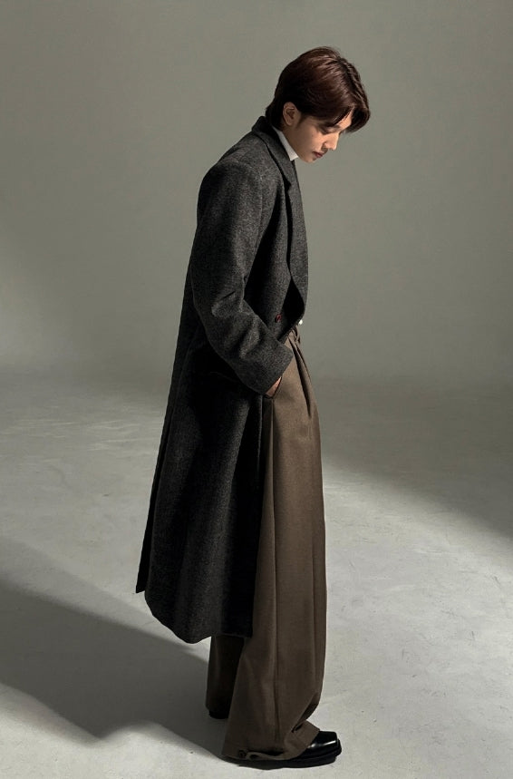 羊毛混紡 打褶 冬季 寬版 落地 西裝褲 / 2色