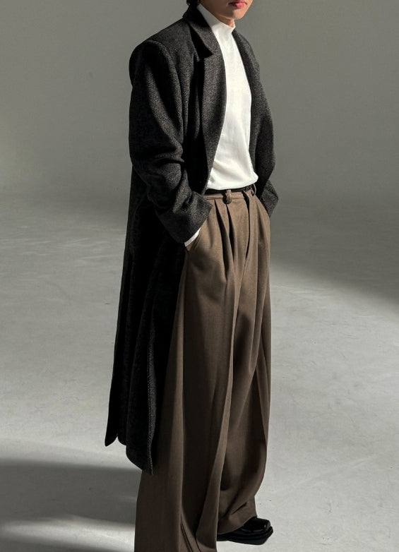 羊毛混紡 打褶 冬季 寬版 落地 西裝褲 / 2色