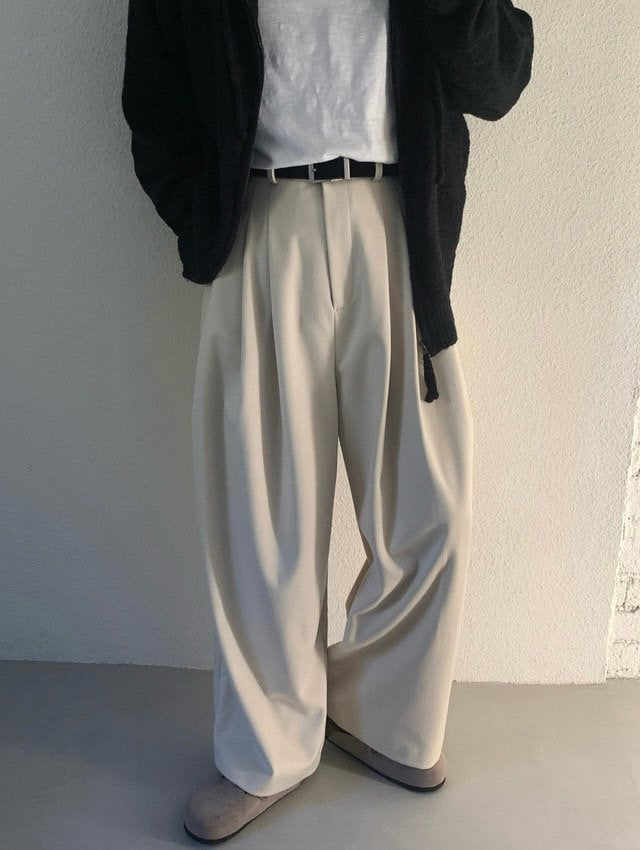 三褶 垂墜 羊毛混紡 寬版 落地 西裝褲 / 2色