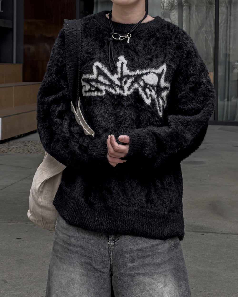 街頭 馬海毛 塗鴉 落肩 毛衣 / 3色 - WHATEVER STUDIO