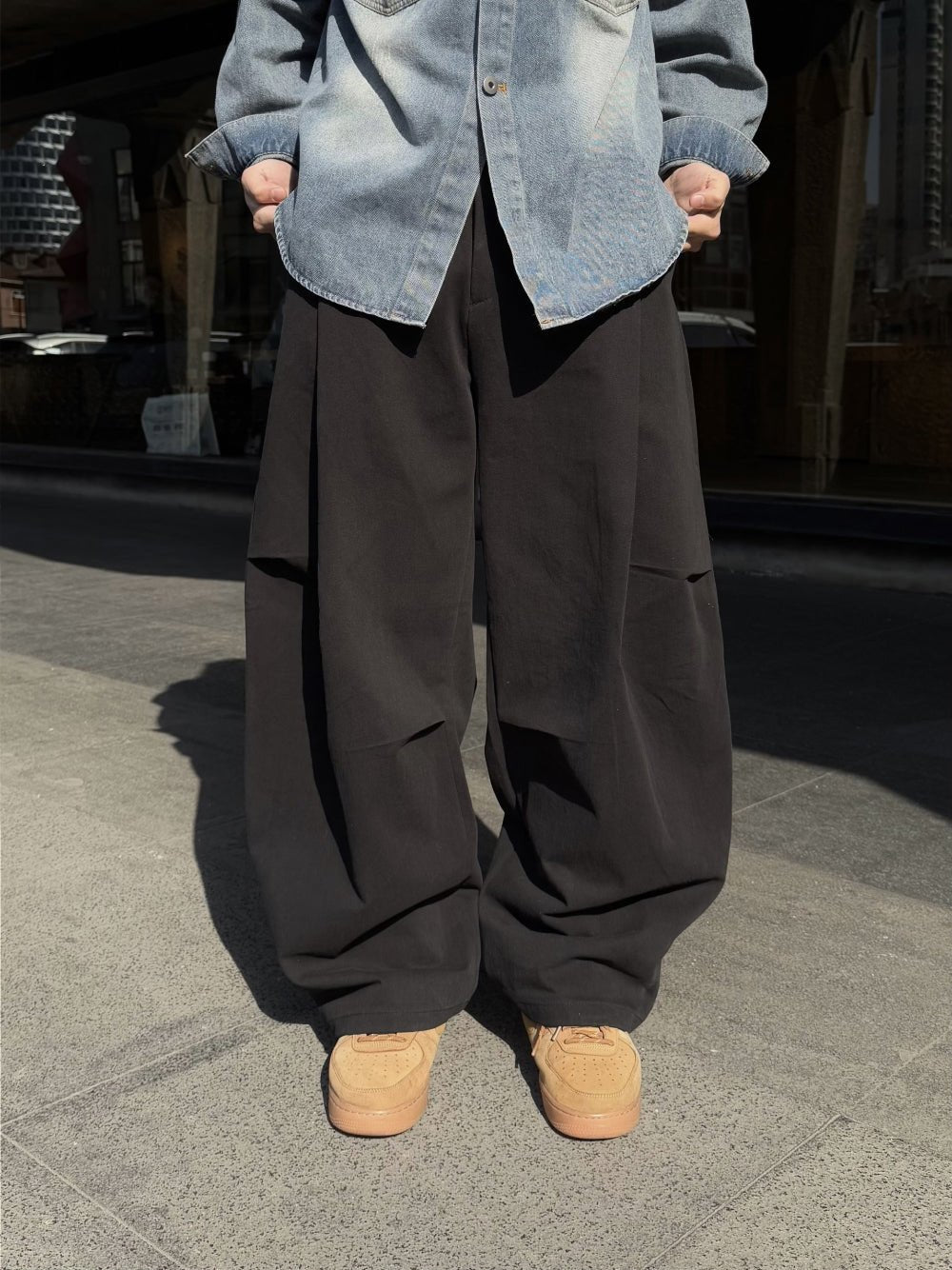 側摺 弧形剪裁 棉質 長褲 / 4色 - WHATEVER STUDIO