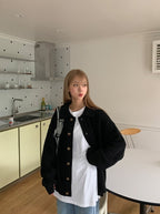 寬鬆 翻領 珍珠釦 針織 開襟衫 / 6色 - WHATEVER STUDIO